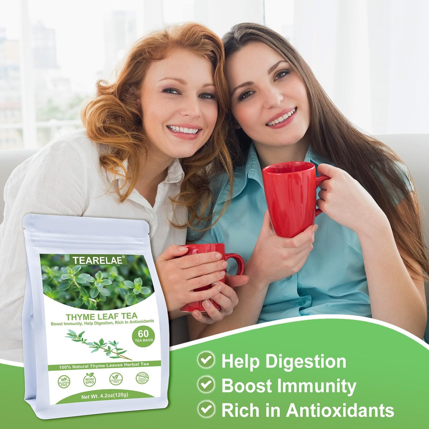 TEARELAE Thyme Tea Bags - 100% Pure Natural Thyme Leaves - Non-GMO - Caffeine-Free - 60 Count