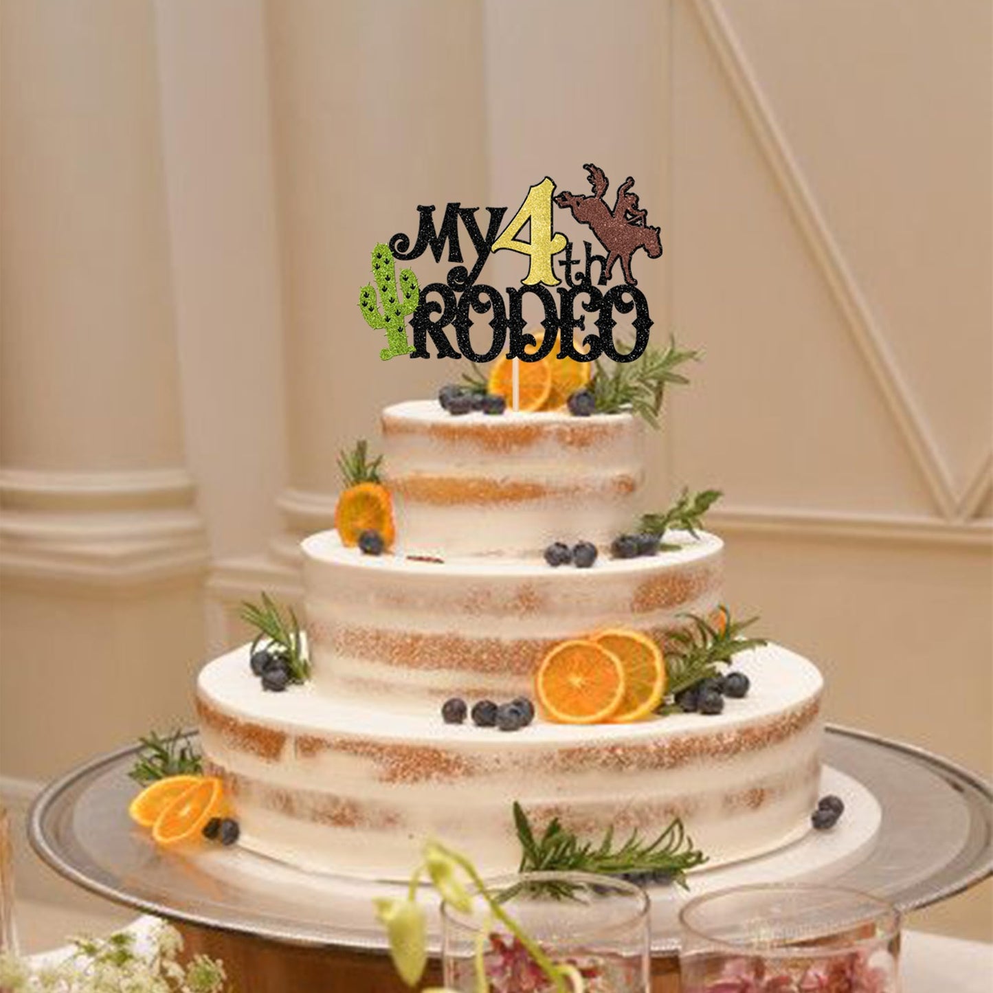 1 Pcs My 4Th Rodeo Cake Topper Brown Glitter Cactus Four Birthday Cake Pick Decoration For Western Little Cowboy Theme Baby Show