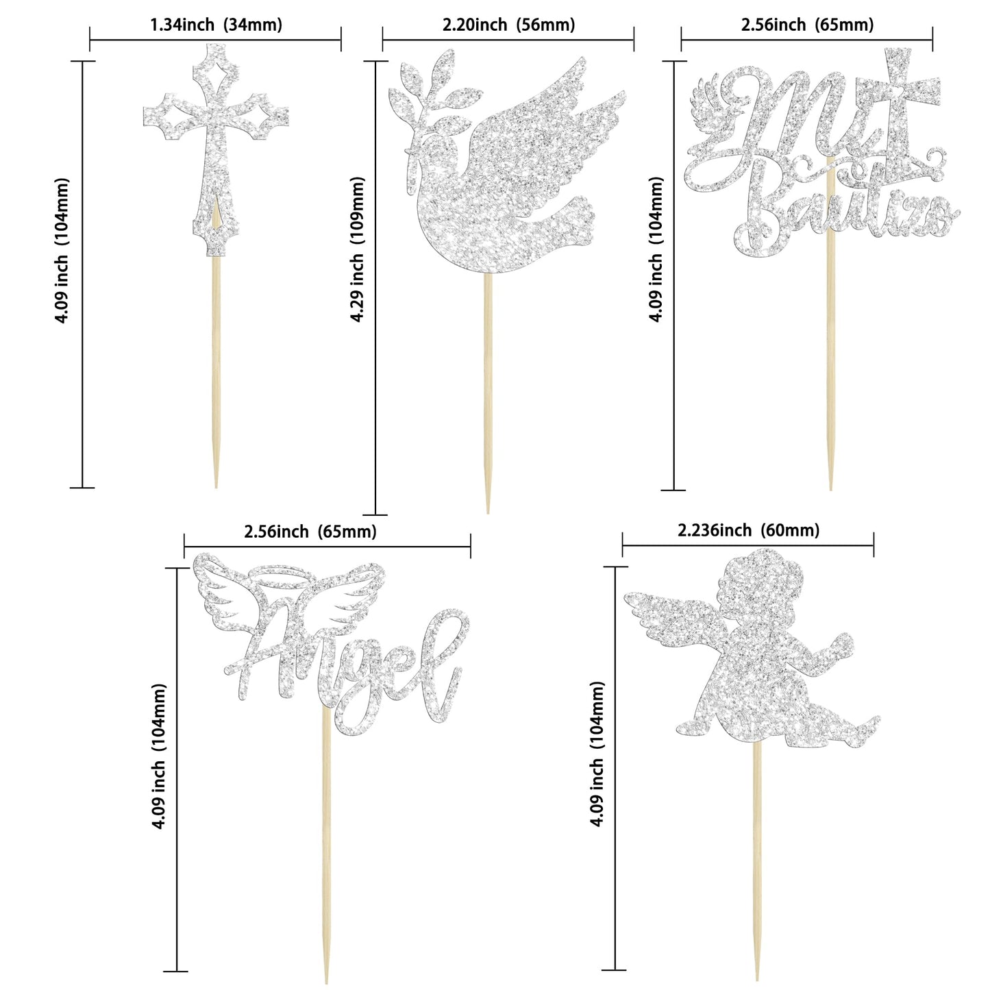 Gyufise 30Pcs Mi Bautizo Cupcake Toppers Silver Glitter Cross Angel Dove Cupcake Toppers Angel Religious God Bless Cupcake Picks