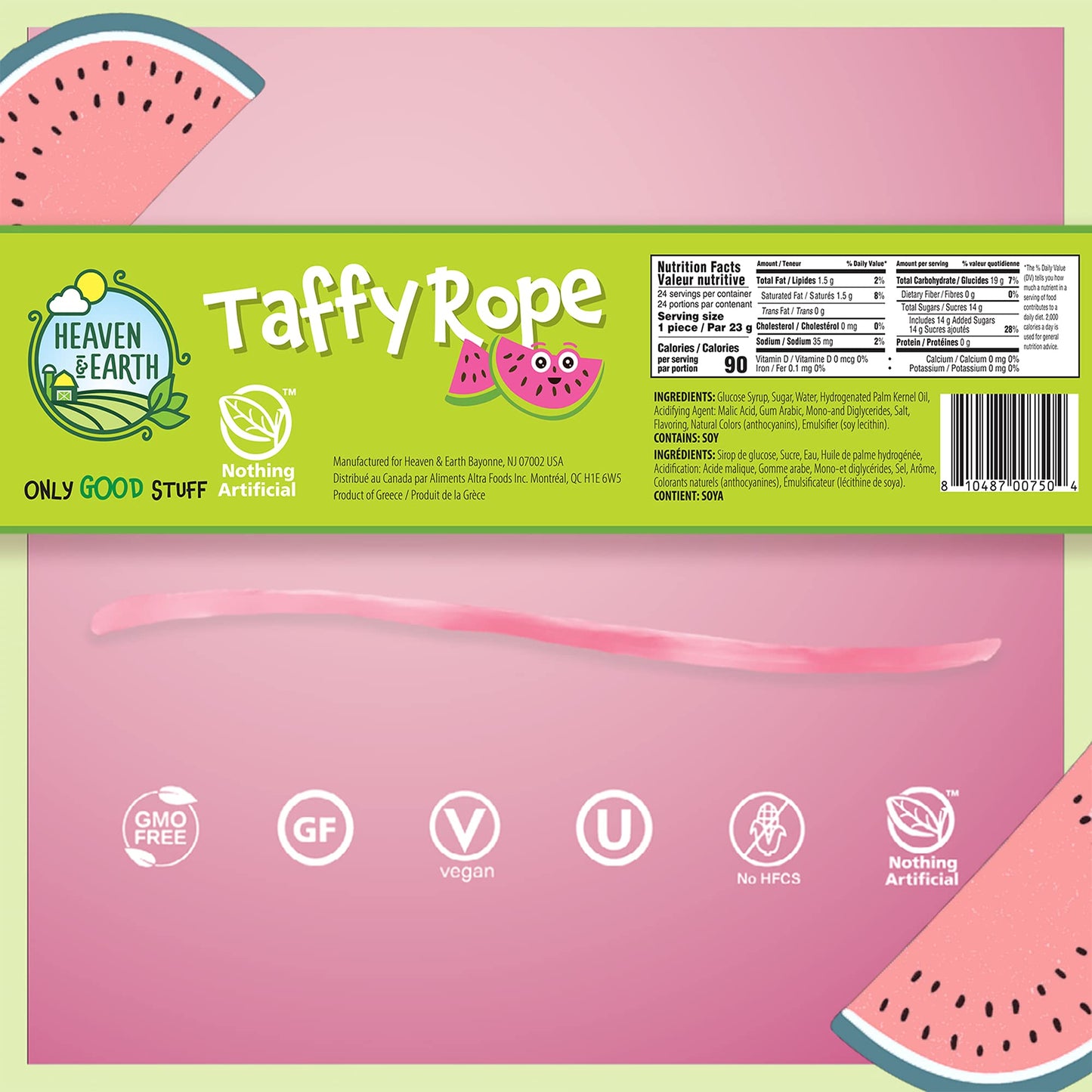 Heaven & Earth Watermelon Wow Taffy Rope 19.5Oz (24 Pack) | Made With Natural Colors & Flavors, No High Fructose Corn Syrup, Gluten Free, Nothing Artificial, Kosher, Wonderfully Delicious!