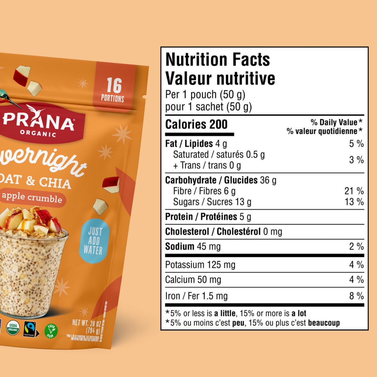 Prana Organic Overnight Chia with Oats Apple Crumble - Vegan, Non-GMO, High Fiber & Protein, Ready to Eat Breakfast, 28 oz (2 Pack)
