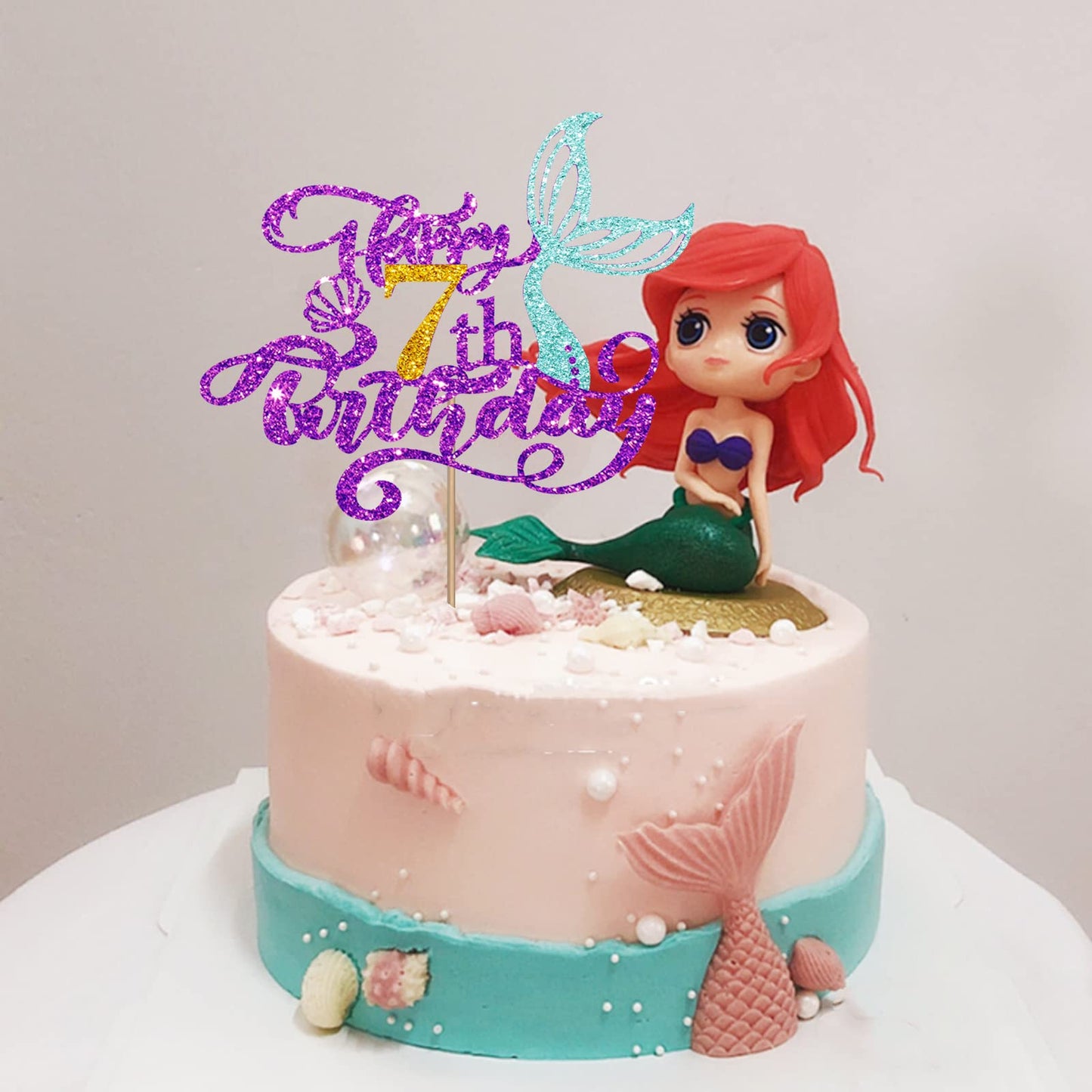 Mermaid 7 Cake Topper, Happy 7Th Birthday Cake Decor For Baby Girl, Little Mermaid 7Th Birthday Party Decoration, Under The Sea