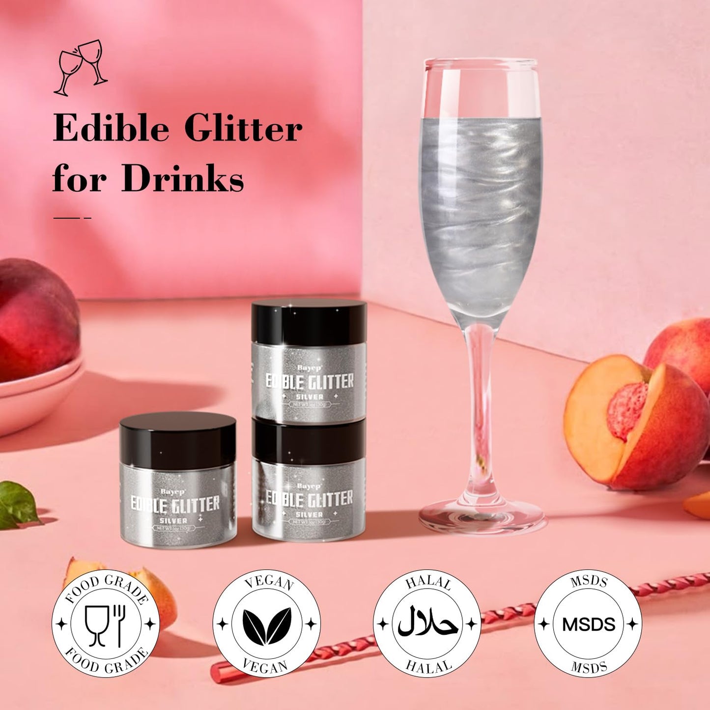 bayep Shimmer Silver Edible Glitter for Drinks and Cakes, 30g Luster Dust