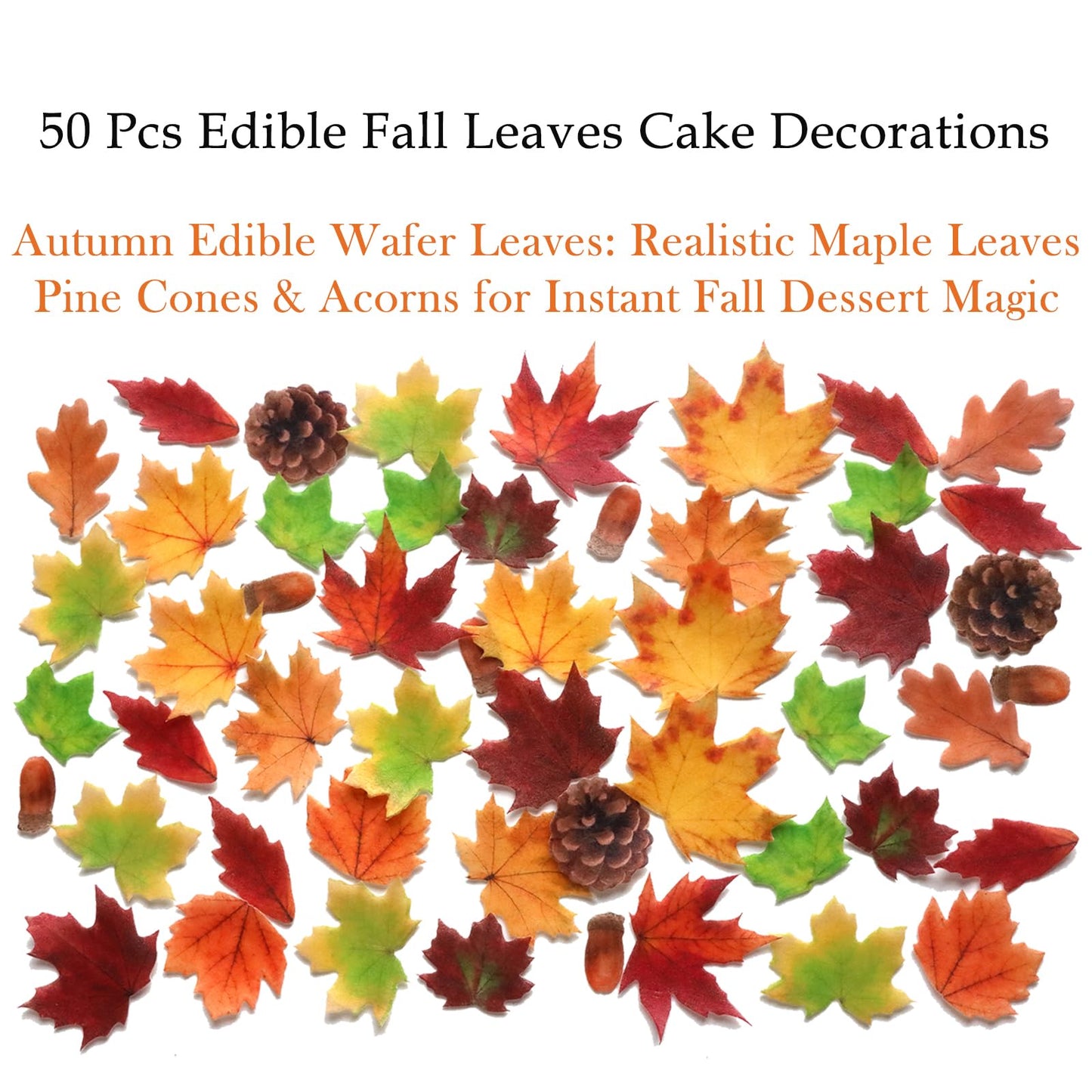 50 Pcs Edible Cupcake Toppers Cake Decorations Wafer Paper Maple Leaves & Pine Cones for Wedding Cakes Birthday Harvest Season Cake Decor (Brown&Yellow&Green)