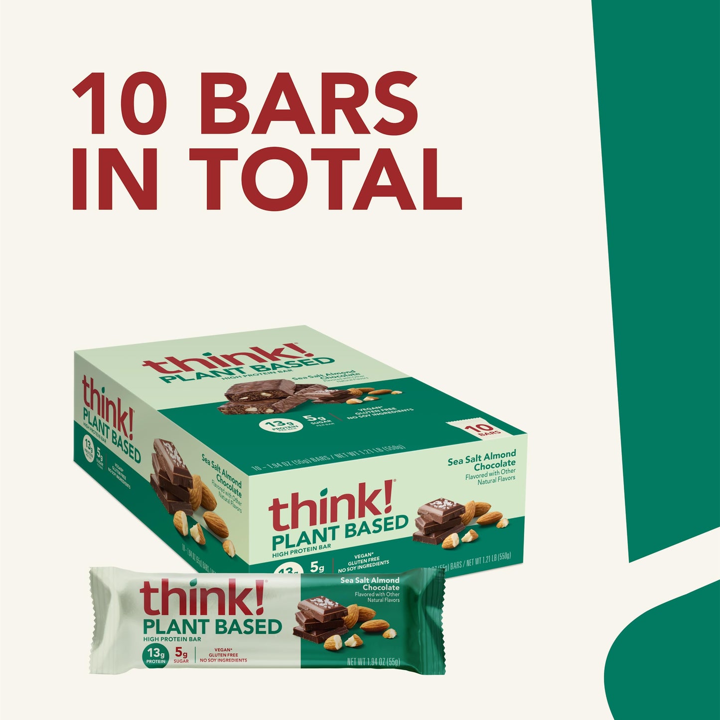 think! Vegan/Plant Based High Protein Bars - Sea Salt Almond Chocolate, 13g Protein, 5g Sugar, No Artificial Sweeteners, Non GMO