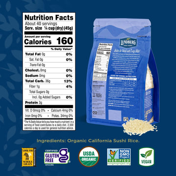 Lundberg Organic California Sushi Rice - Short Grain Rice, White Japanese-Style Sticky Rice for Perfect Sushi Rolls, Rice Bowls,