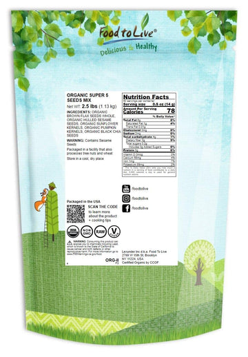 Food to Live Organic Super 5 Seeds Mix, 2.5 Pounds - A Non-GMO Blend of Flax Seeds, Sesame Seeds, Sunflower Kernels, Pumpkin Ker