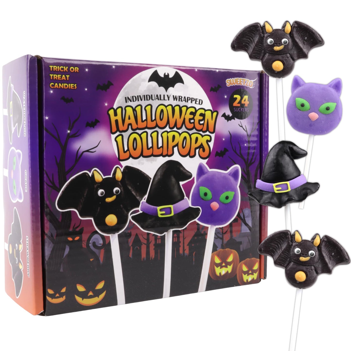 Sweetzo Halloween Lollipops, Cat, Bat, Witch Hat, 24 Count, Individually Wrapped, 15.7 x 7.8 x 17.6 cm