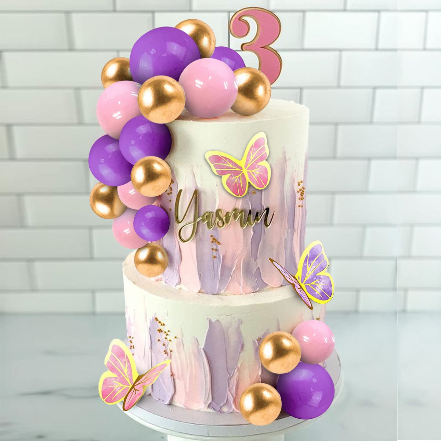 51 Pcs Pink Purple Balls Cake Toppers Butterfly Cake Decorations Happy Birthday Cake Topper For Wedding Baby Shower Birthday Flo