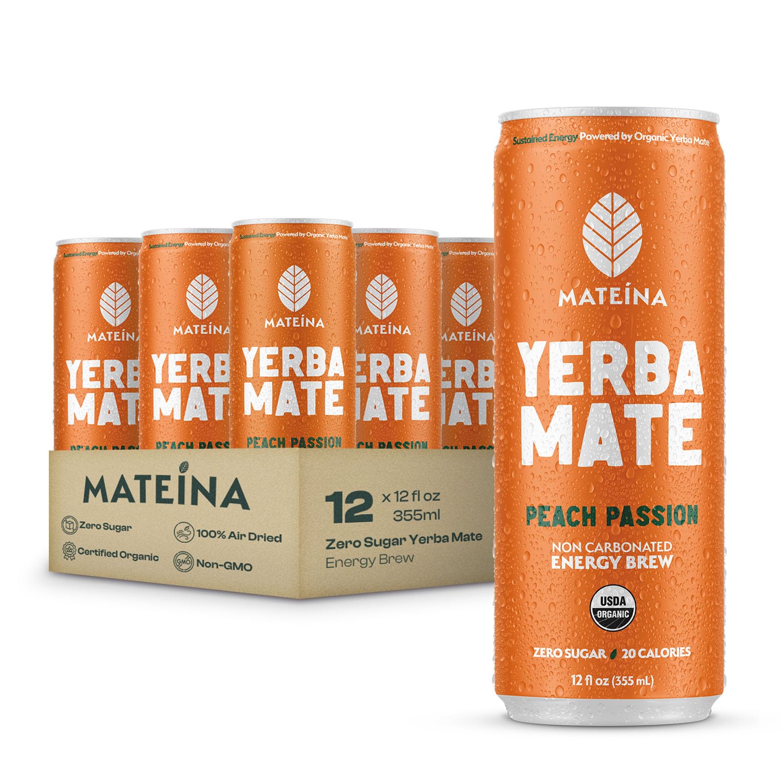 Mateina Yerba Mate Zero Sugar Energy Drink - 120mg Natural Caffeine - Organic  Non-GMO  Non-Carbonated - Dr. Andrew Huberman Recommended - 12 Pack (12oz Cans) (12 Pack  Peach Passion)