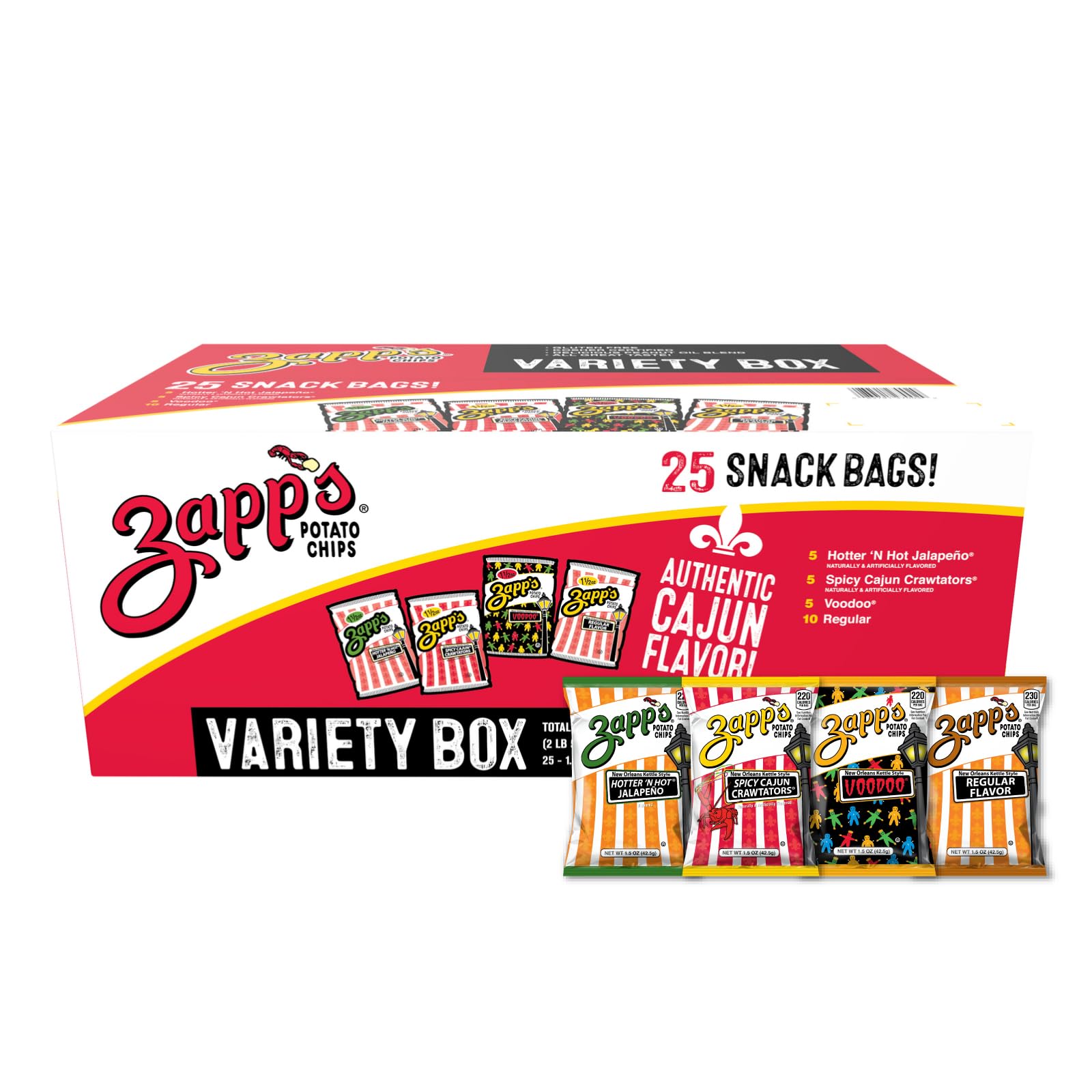 Zapps New Orleans Kettle-Style Potato Chips Variety Pack (1.5 Oz Bags, 25 Count) - Includes Voodoo, Hotter N' Hot Jalapeno, Spci