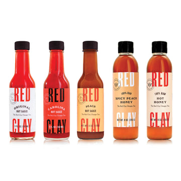 Red Clay Hot Sauce & Hot Honey, Whole Shebang Variety Pack (Original, Carolina Hot, Verde, Hot Honey And Southern Honey); Cold-Pressed, Fermented And Barrel-Aged Hot Sauces; 100% Raw Honey, 5 Count