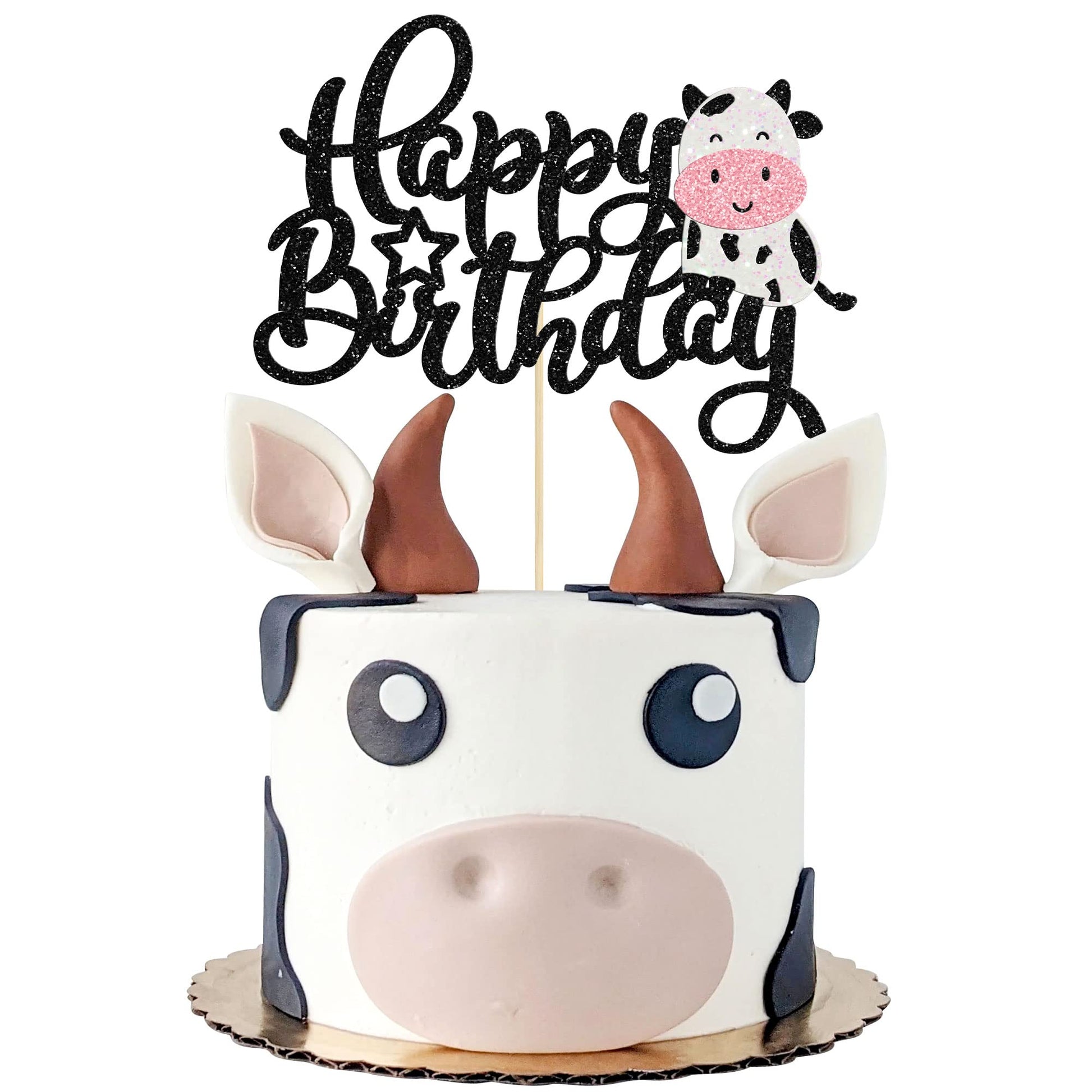 Gyufise 1Pc Cow Happy Birthday Cake Topper Glitter Farm Animals Theme Birthday Cow Cake Decoration For Cow Theme Baby Shower Kid