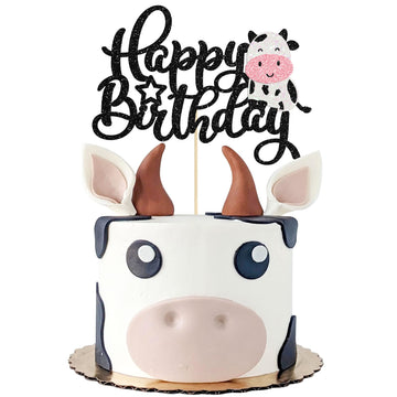 Gyufise 1Pc Cow Happy Birthday Cake Topper Glitter Farm Animals Theme Birthday Cow Cake Decoration For Cow Theme Baby Shower Kid