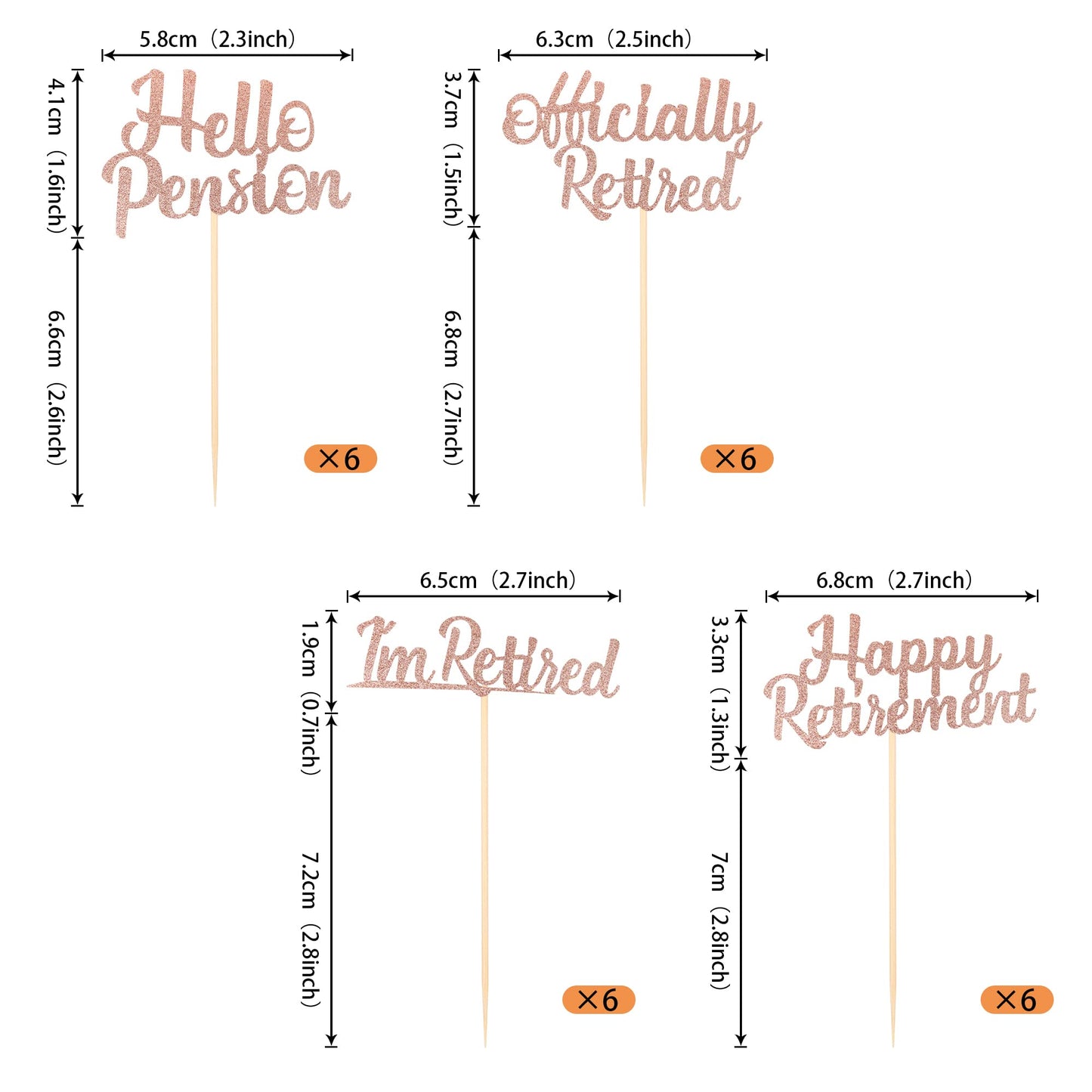 Rssta i Cupcake Toppers, 24 Pack, Glitter Retirement Theme, Rose Gold, Model XM014-Rose Gold