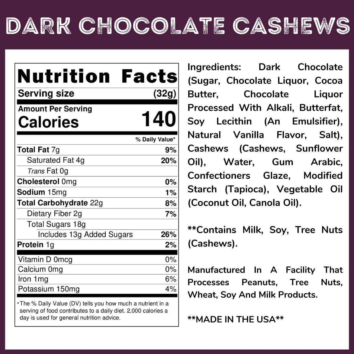 Wincrest Dark Chocolate Cashews (3 Lb Tub)