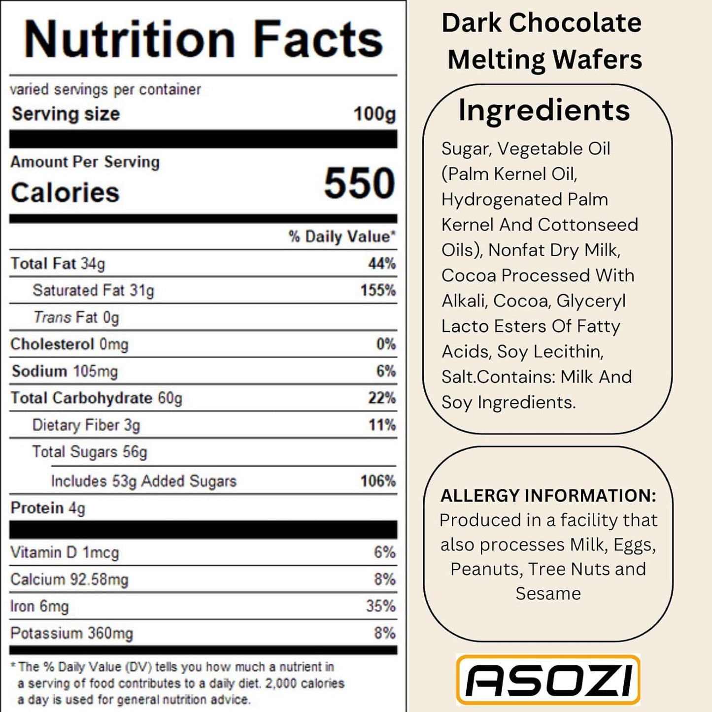 ASOZI Dark Chocolate Melting Wafers – Smooth and Creamy, 2LB for Dipping, Baking, and Candy Making