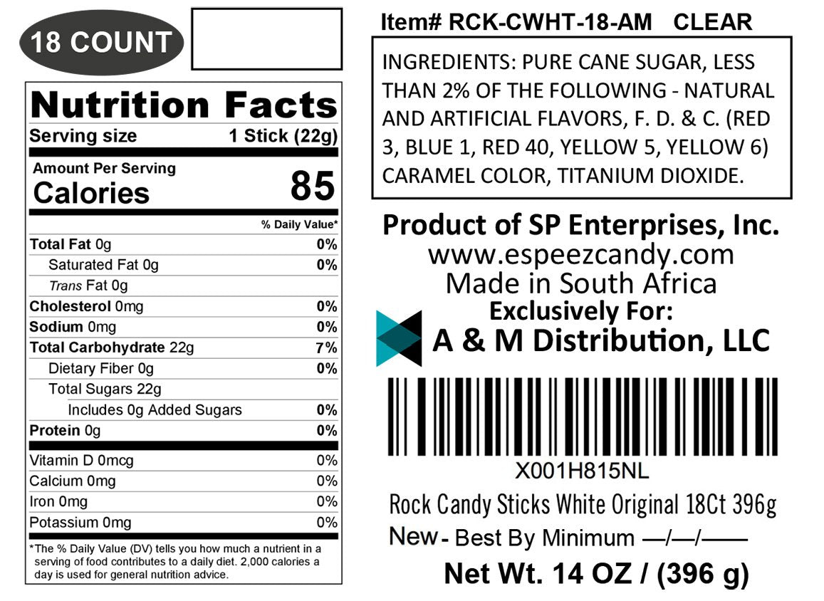 Espeez Extra Large Rock Candy Sticks - 18 Count, Individually Wrapped, Original, Multi-Color (Yellow, Green, White, Pink)