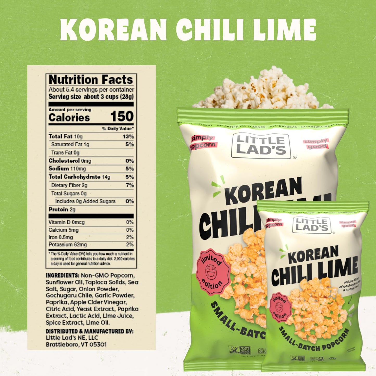 Little Lads Healthy Popcorn - Vegan, Gluten-Free, Non-Gmo Popcorn With Korean Chili & Lime Flavor -5.4 Oz (Pack Of 3) (5.4 Ounce