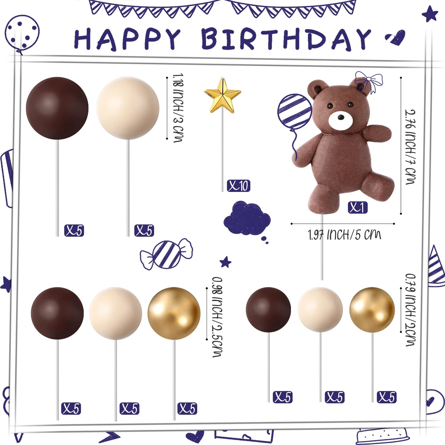 51 Pcs Bear Balls Cake Topper Mini Balloon Cake Topper Colorful Foam Pearl Ball Star Shaped Cake Toppers For Birthday Party Wedd