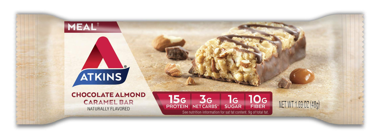 Atkins Chocolate Almond Caramel Protein Meal Bar, High Fiber, 15g Protein, 1g Sugar, 3g Net Carbs, Meal Replacement, Keto Friend
