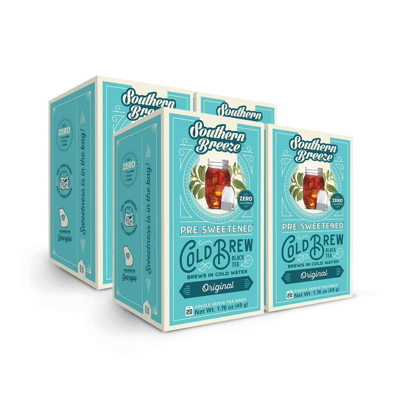 Southern Breeze Cold Brew Sweet Tea Original Iced Tea With Black Tea And Zero Carbs Zero Sugar, 20 Individually Wrapped Tea Bags, Pack Of 4