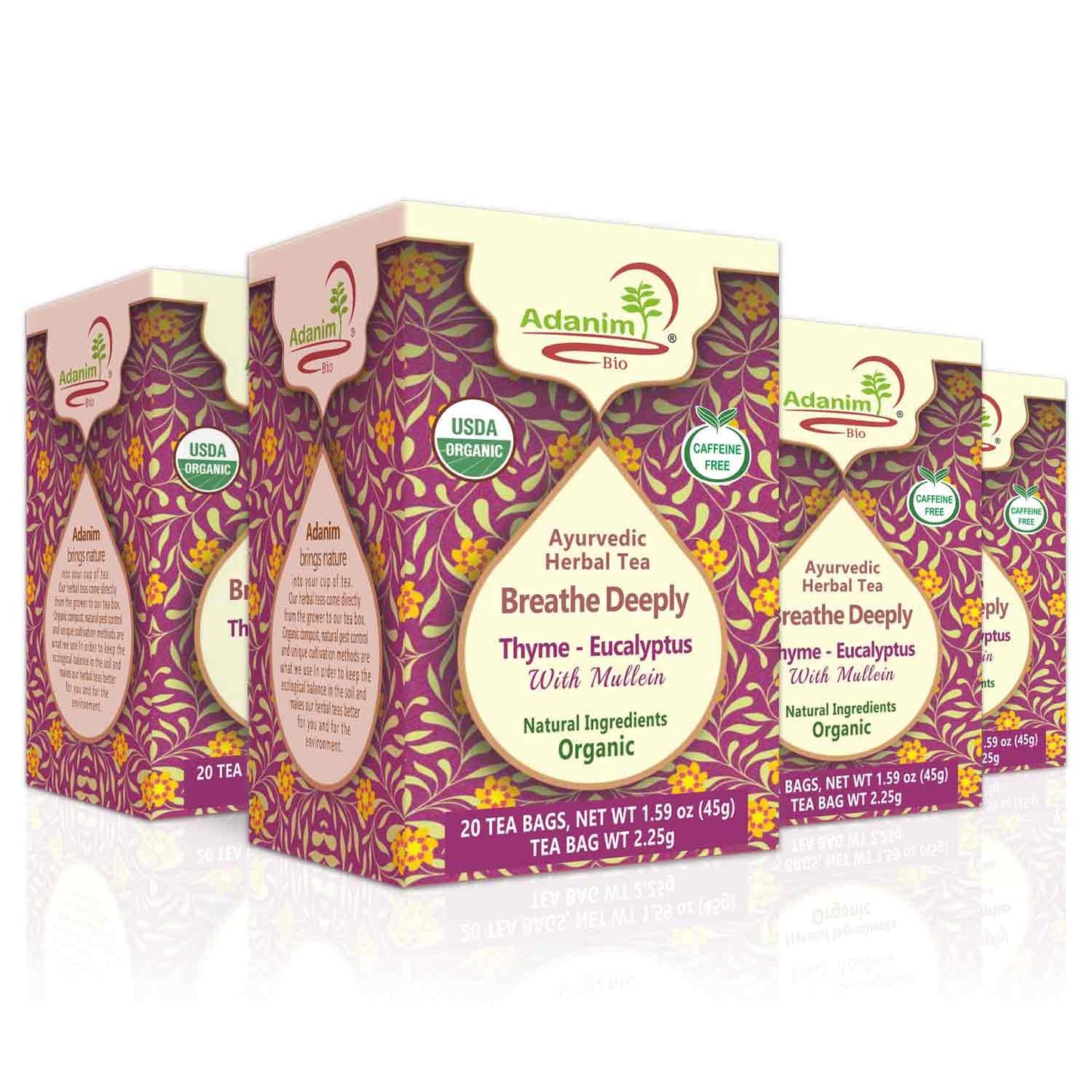 ADANIM BIO Herbal Tea Breathe Deeply Thyme Eucalyptus Mullein, USDA Organic, Caffeine-Free, 20 Teabags