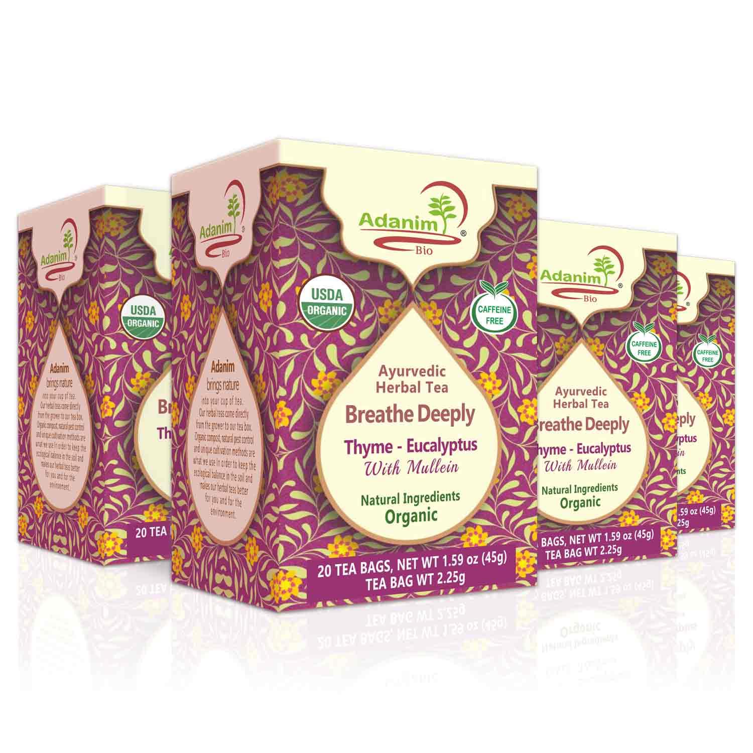 ADANIM BIO Herbal Tea Breathe Deeply Thyme Eucalyptus Mullein, USDA Organic, Caffeine-Free, 20 Teabags