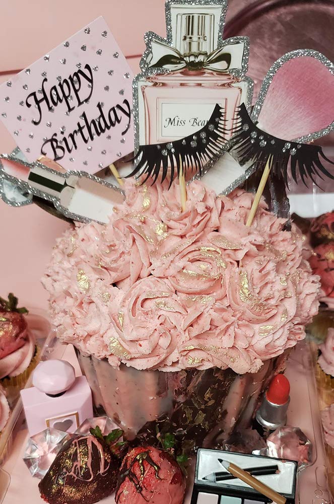 Keaziu 35pc Makeup Cupcake Toppers Happy Birthday Glitter Cake Decoration Supplies - Pink