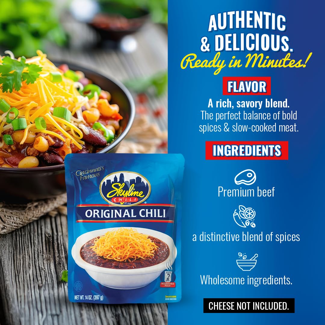 Skyline Chili Original Cincinnati-Style Chili - Authentic Recipe In Microwavable Pouches - Ideal For Cheese Coneys, Hot Dogs, &
