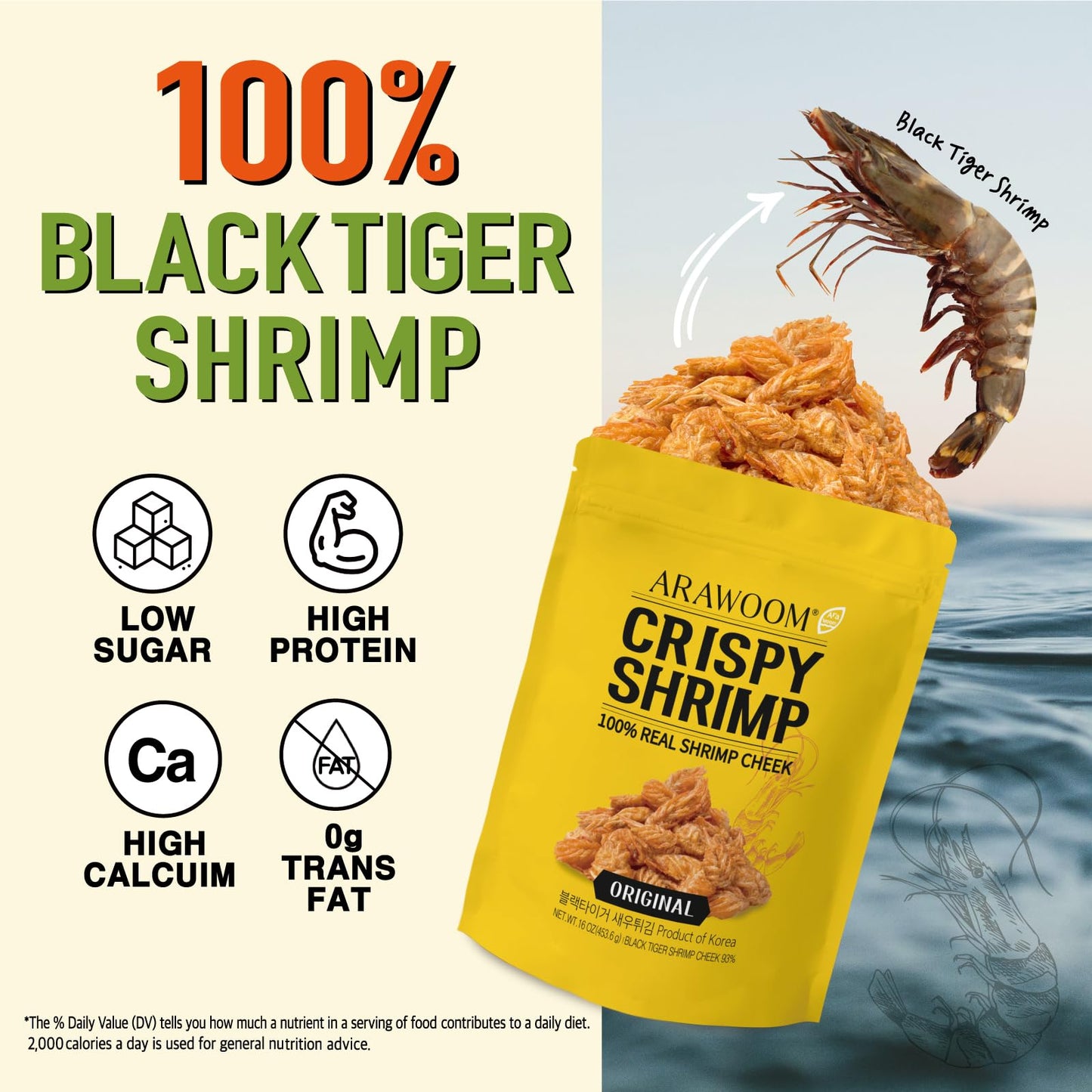 Arawoom - Real Crispy Shrimp Cheek Snack - 100% Real Black Tiger Shrimp - 16 Ounce (Pack Of 1) - Original Flavor - Crunchy Treat