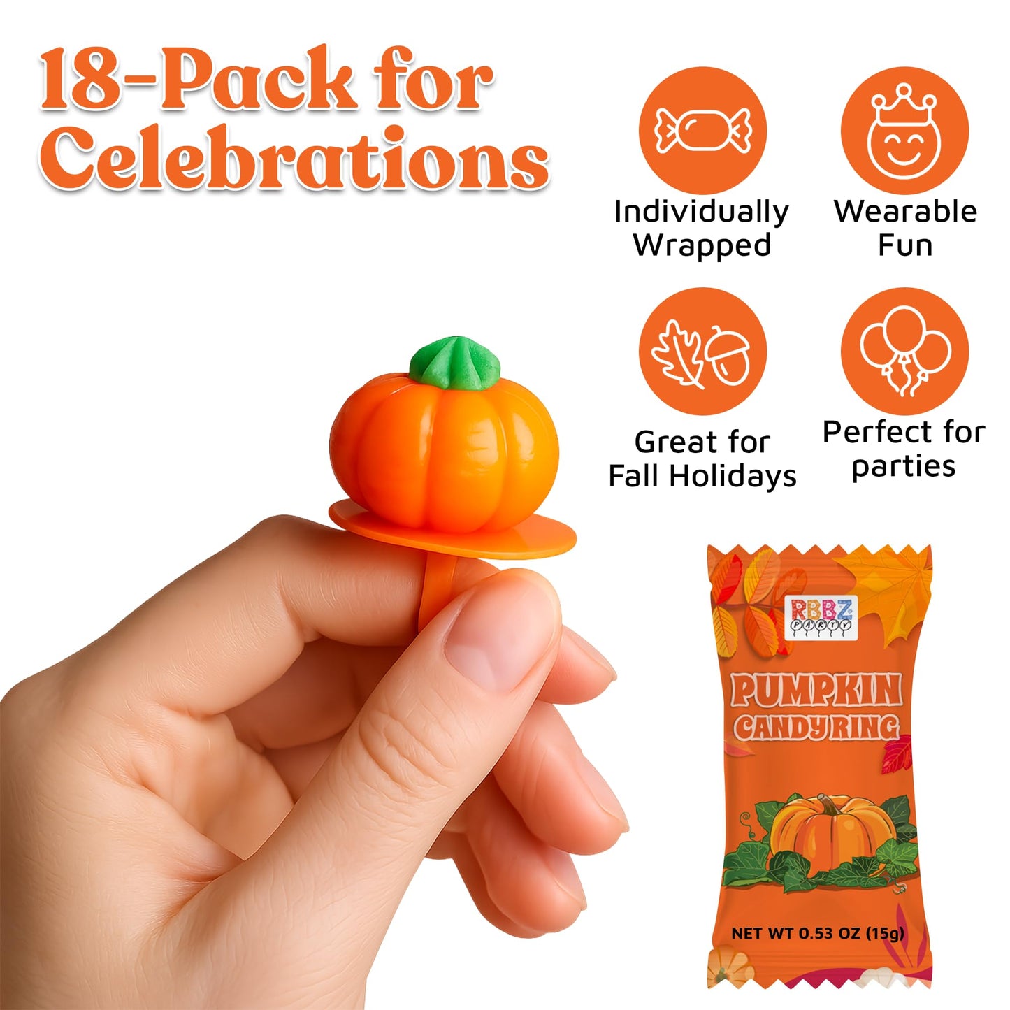 Pumpkin Candy 3D Ring Pops - 18 Individually Wrapped Suckers Bulk Pack - Fall Candy Party Favors - Thanksgiving Treats