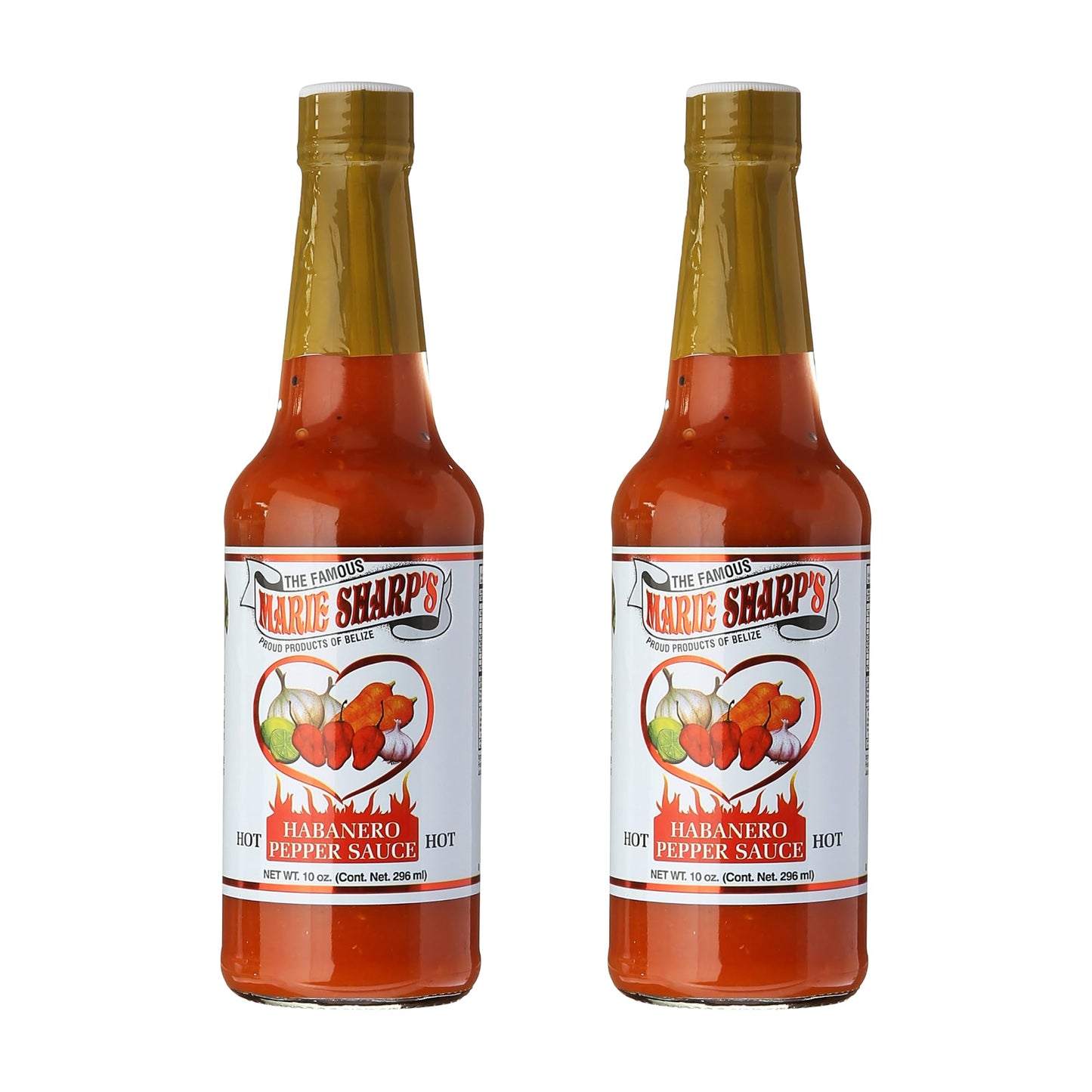 Marie Sharps Hot Habanero Pepper Sauce, 10 oz - Authentic Belizean Hot Sauce with Fresh Red Habanero Peppers (Pack of 2)