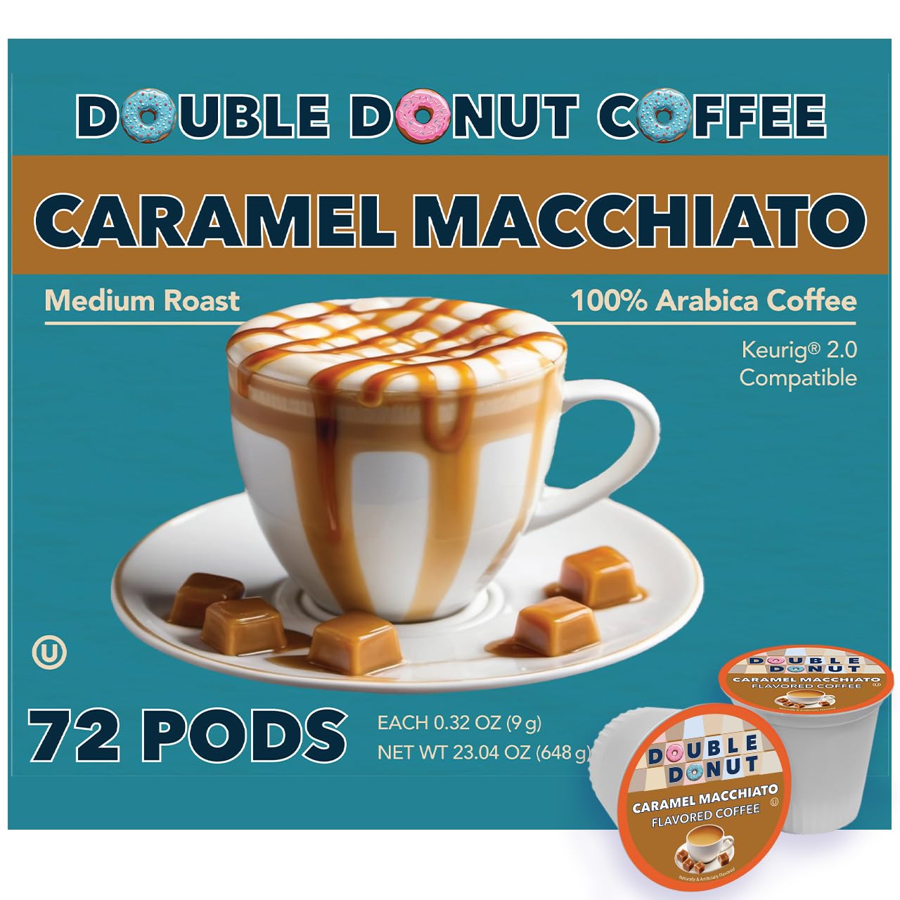 Double Donut Coffee Caramel Macchiato Flavored Coffee Pods, Medium Roast, 72 Count, Compatible with Keurig K-Cups