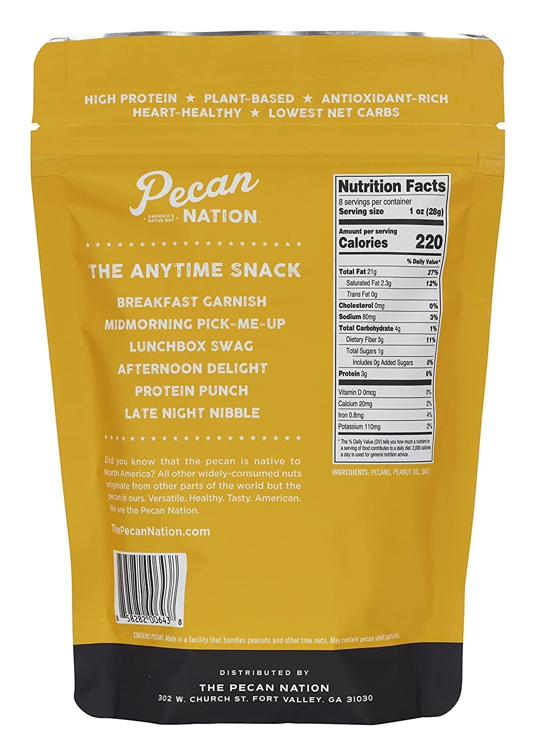 Pecan Nation Roasted & Salted Pecan Halves 8 oz., Natural, No preservatives, Antioxidant-Rich, Low Carb, Dry Roasted, Healthy Sn