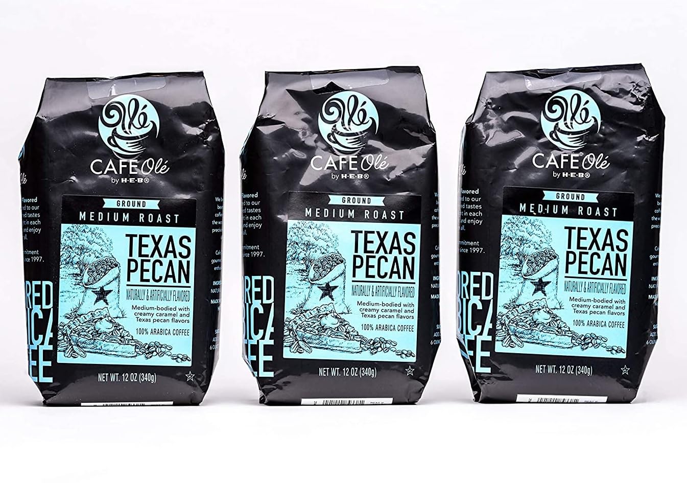HEB Cafe Ole Texas Pecan Ground Coffee, 12oz Bag (Pack of 3) - Premium Flavor, Perfect for Coffee Lovers