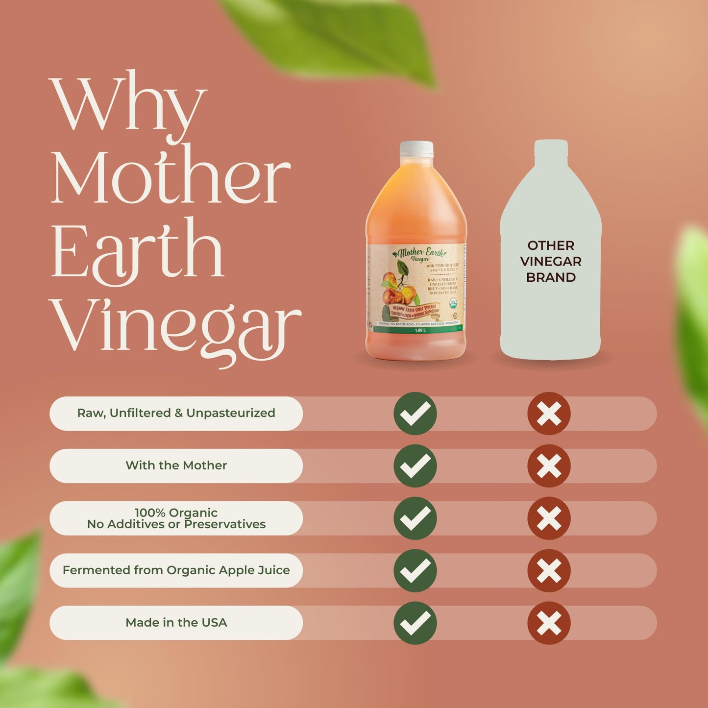 Mother Earth Vinegar Organic Apple Cider Vinegar with The Mother, Raw & Unfiltered, 64 Fl Oz