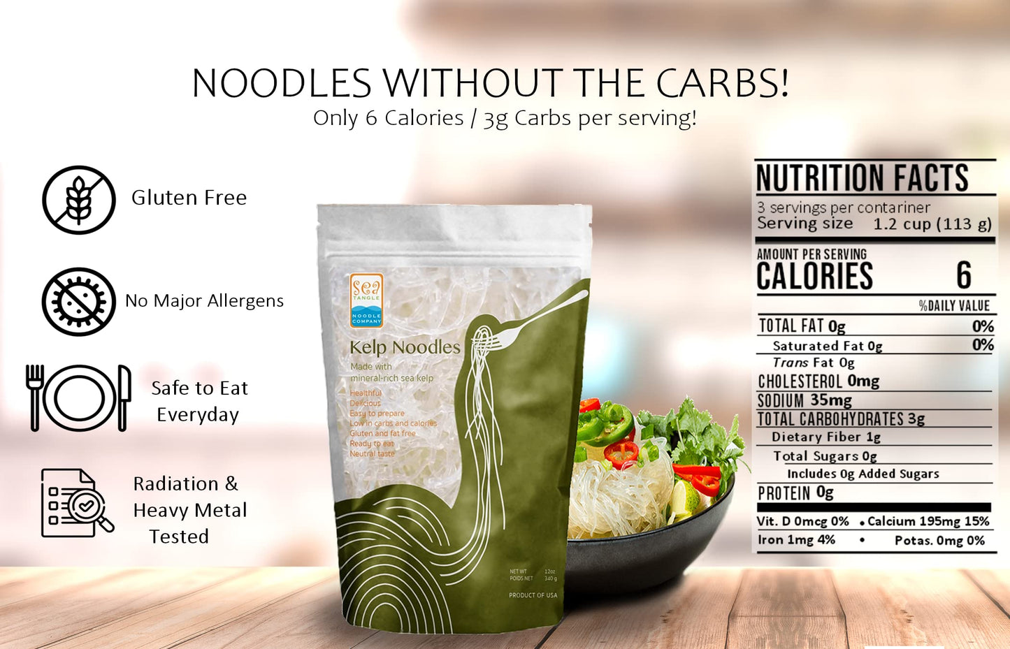 Sea Tangle Moringa Kelp Noodles (12oz) - Pack of 2 - Low Calorie Asian Noodles for Healthy Noodle Dishes - Gluten Free, Keto Noo