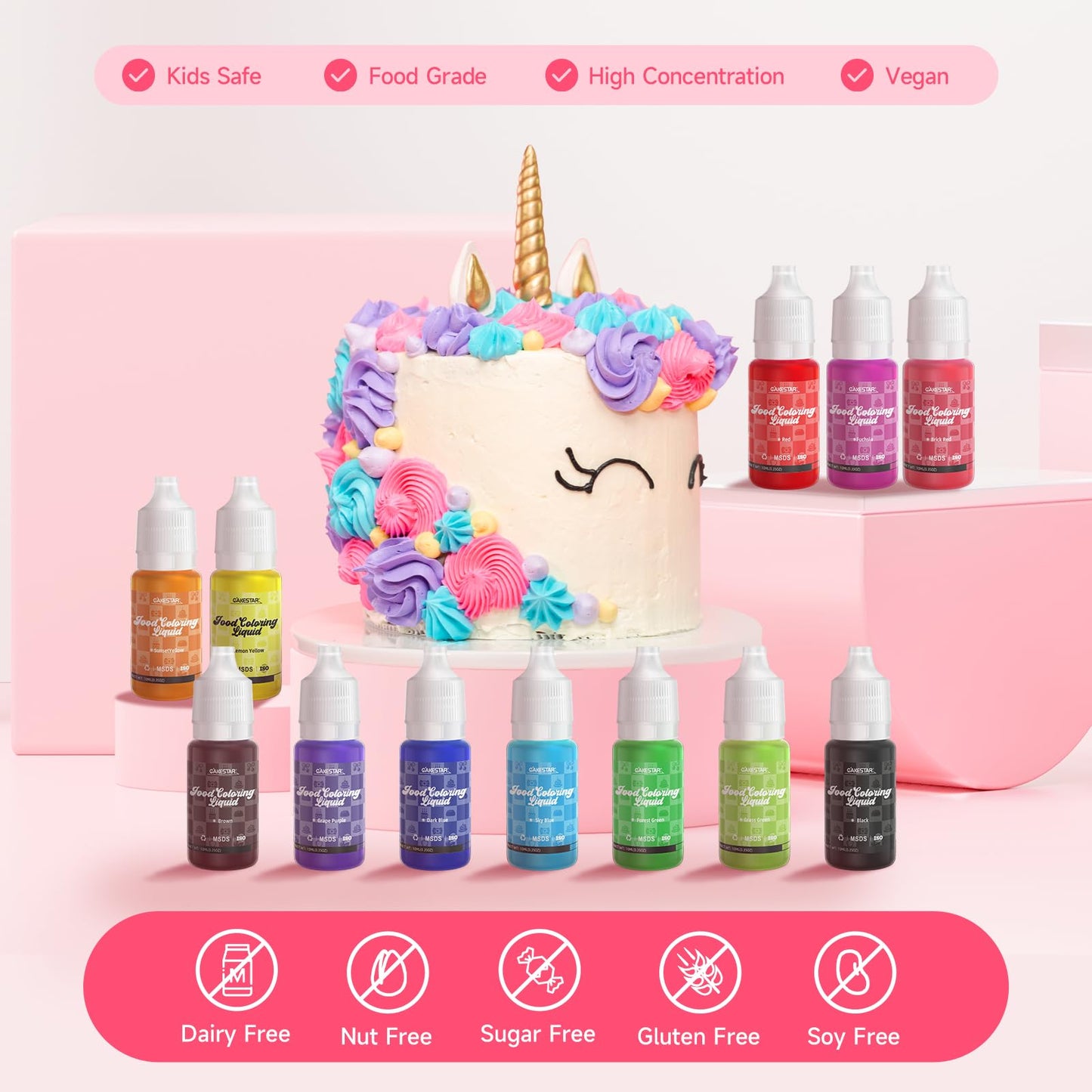 Cakestar Food Coloring Liquid 12 Colors, Vibrant Food Coloring For Slime, Assorted Neon Food Dye For Baking, Cake Decorating, Ic