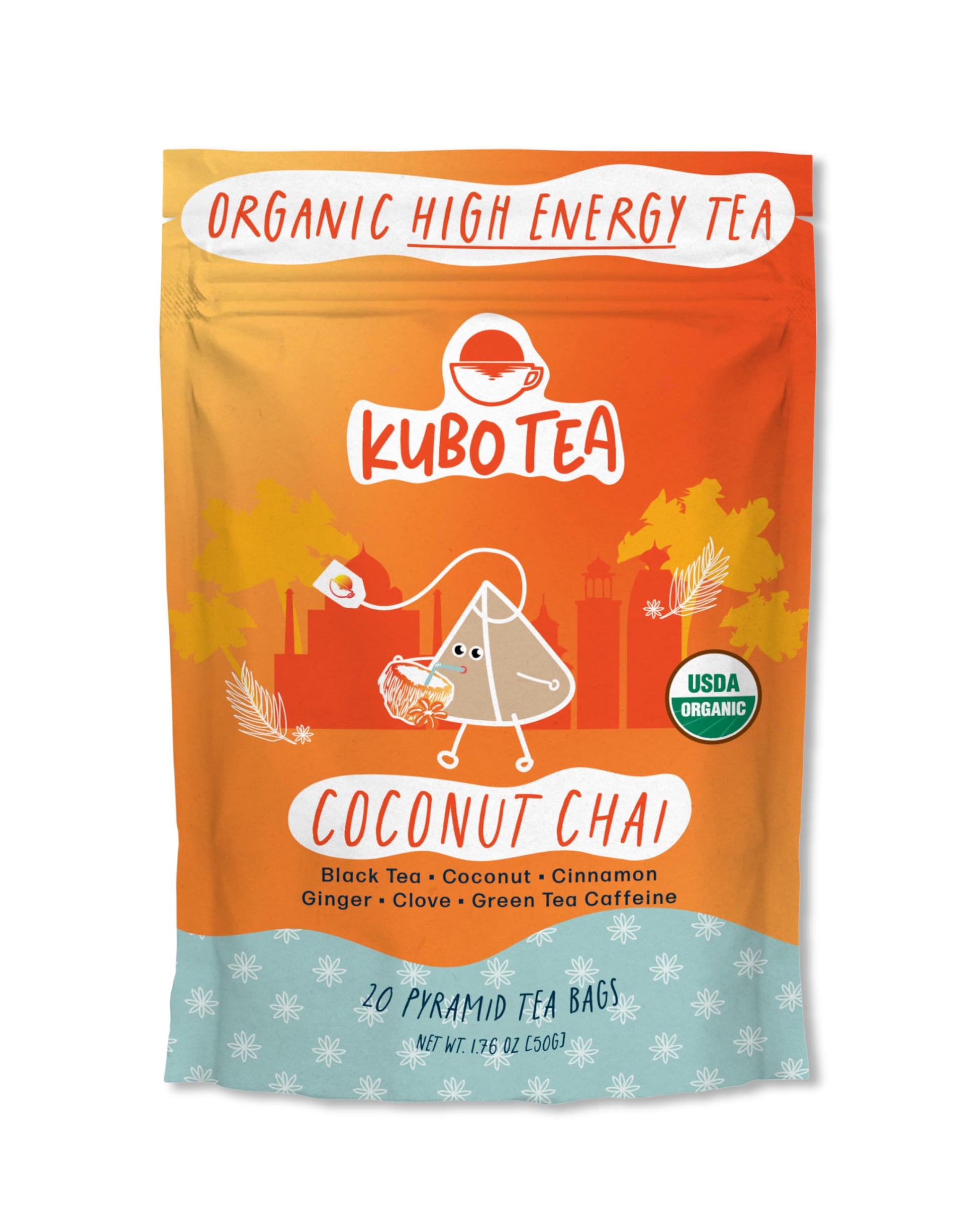 Kubo Tea Coconut Chai Black Tea - Organic High Caffeine Blend, 20 Pyramid Tea Bags, Compostable Packaging, Brew Hot or Iced