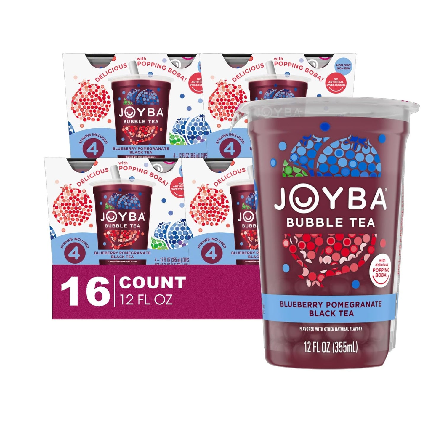 Joyba 16 Pack Blueberry Pomegranate Bubble Black Tea Cups 12 fl oz with Delicious Natural Fruit Flavored Popping Boba + 1 Freebi