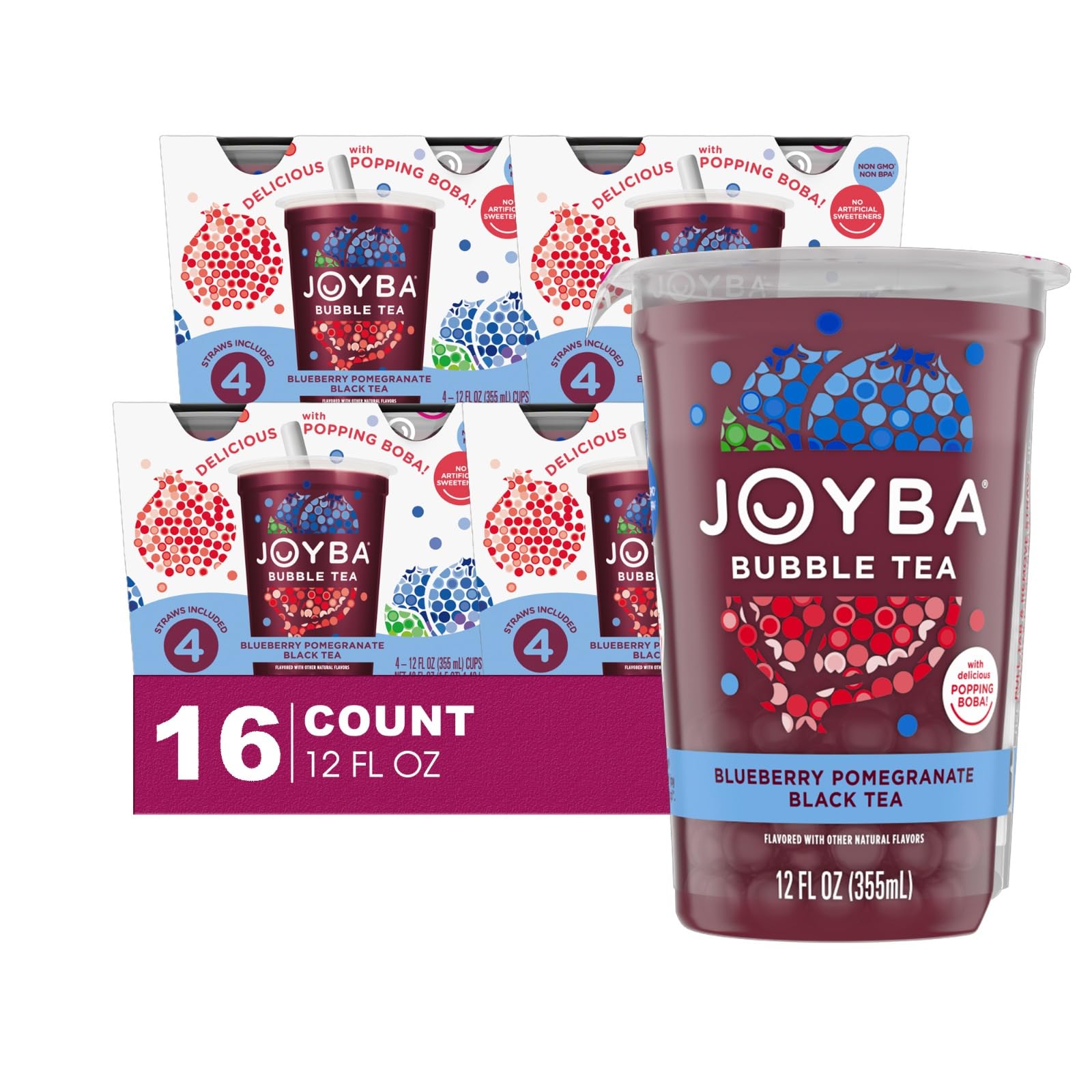 Joyba 16 Pack Blueberry Pomegranate Bubble Black Tea Cups 12 fl oz with Delicious Natural Fruit Flavored Popping Boba + 1 Freebi