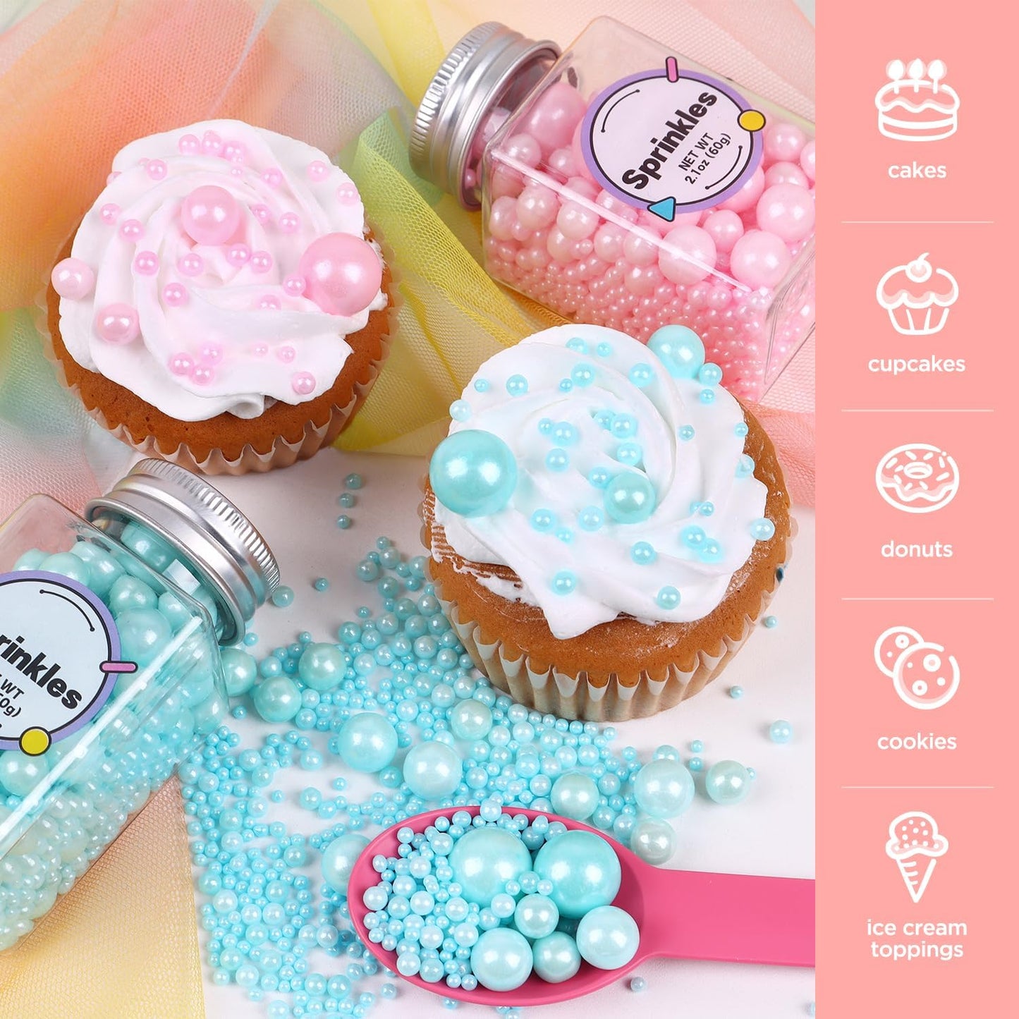 Edible Pink And Blue Sprinkles For Cake Decorating, Pink Pearl Sprinkles, Blue Pearl Sugar Sprinkles For Macaron, Cake, Cupcake,