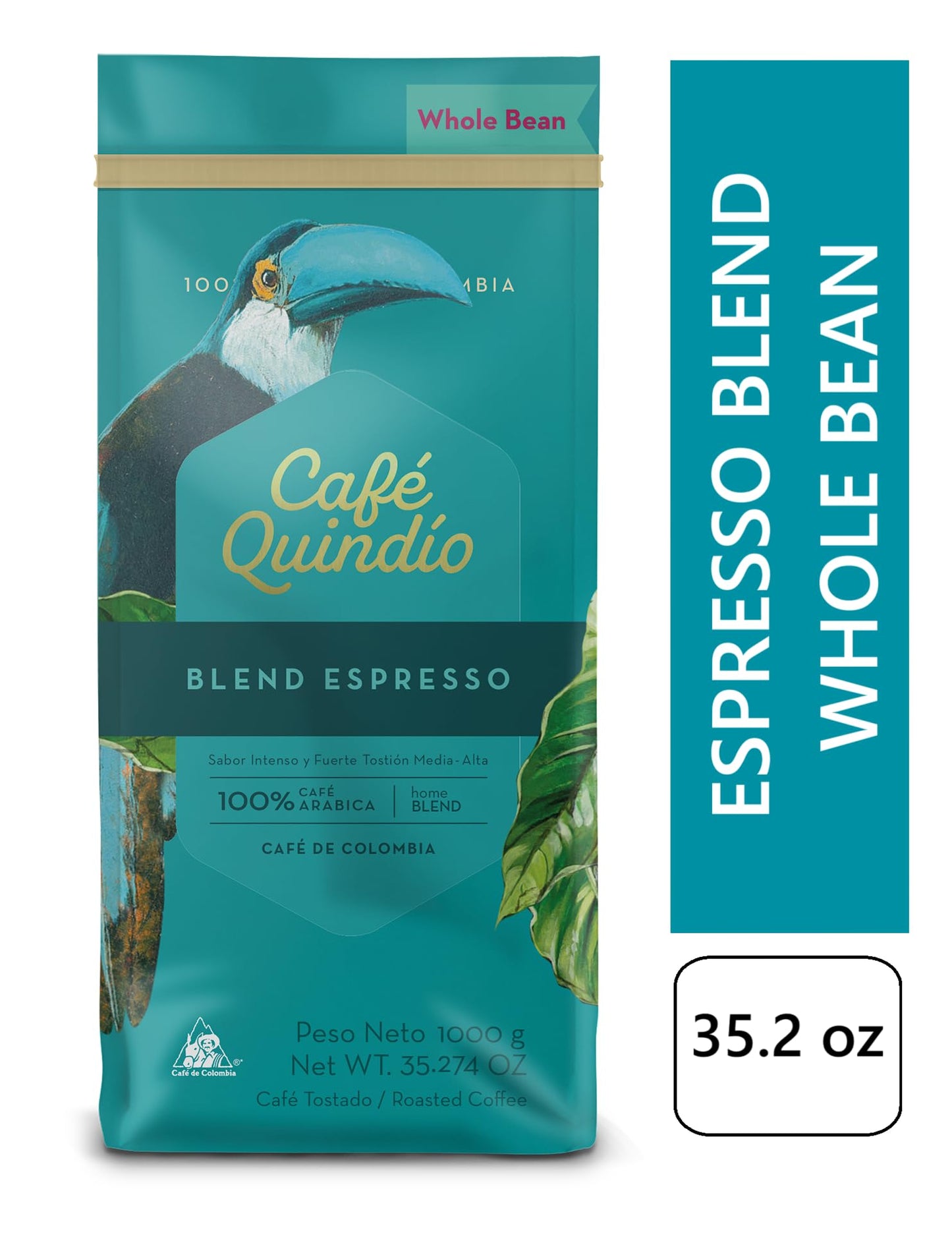Cafe Quindio Espresso Blend - Medium/Dark Roast 100% Colombian Excelso Whole Bean Arabica Coffee - 35.2 Ounce Bag (1Kg)