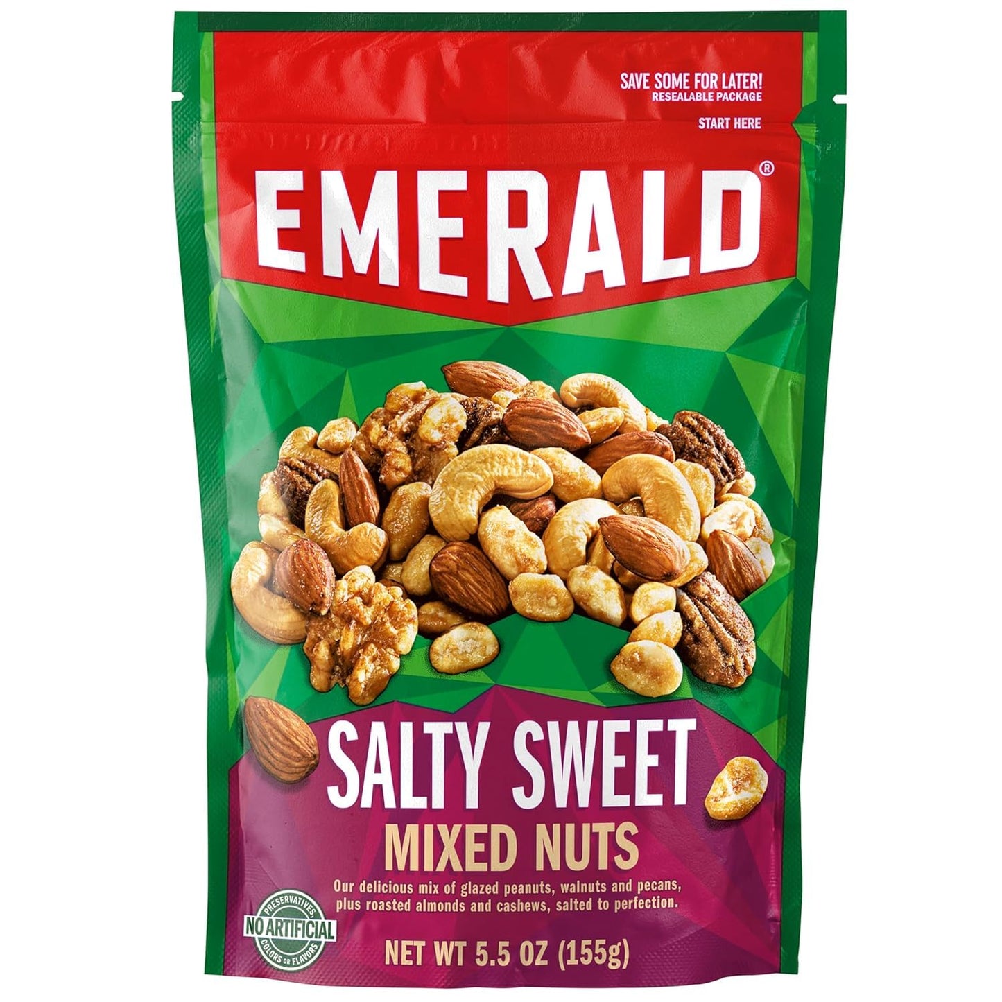 Emerald Nuts, Salty Sweet Mixed Nuts, Features Kettle Glazed Peanuts, Almonds, Cashews, Kettle Glazed Walnuts, Kettle Glazed Pec