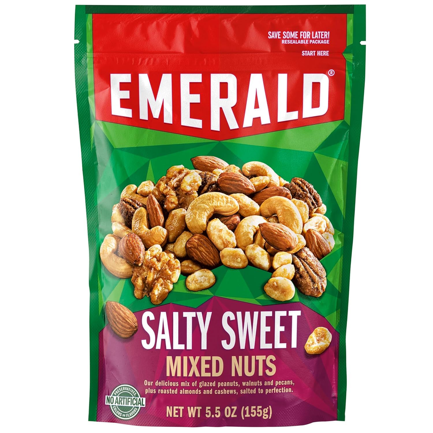 Emerald Nuts, Salty Sweet Mixed Nuts, Features Kettle Glazed Peanuts, Almonds, Cashews, Kettle Glazed Walnuts, Kettle Glazed Pec