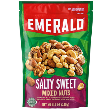 Emerald Nuts, Salty Sweet Mixed Nuts, Features Kettle Glazed Peanuts, Almonds, Cashews, Kettle Glazed Walnuts, Kettle Glazed Pec