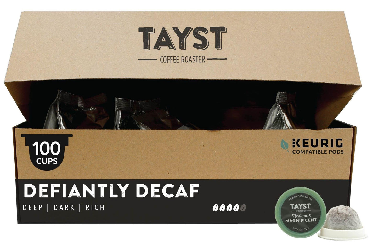 Tayst Coffee Pods, Defiantly Decaf Dark Roast, K Cups Compatible with Keurig Coffee Maker, Sustainable Single Serve, Pack of 100