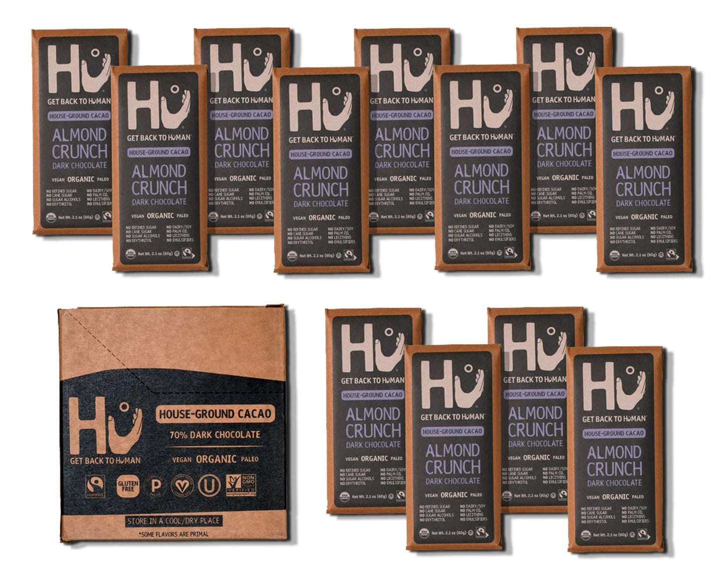 Hu Chocolate Bars | 12 Pack Almond Crunch Chocolate | Natural Organic Vegan, Gluten Free, Paleo, Non GMO, Fair Trade Dark Chocol