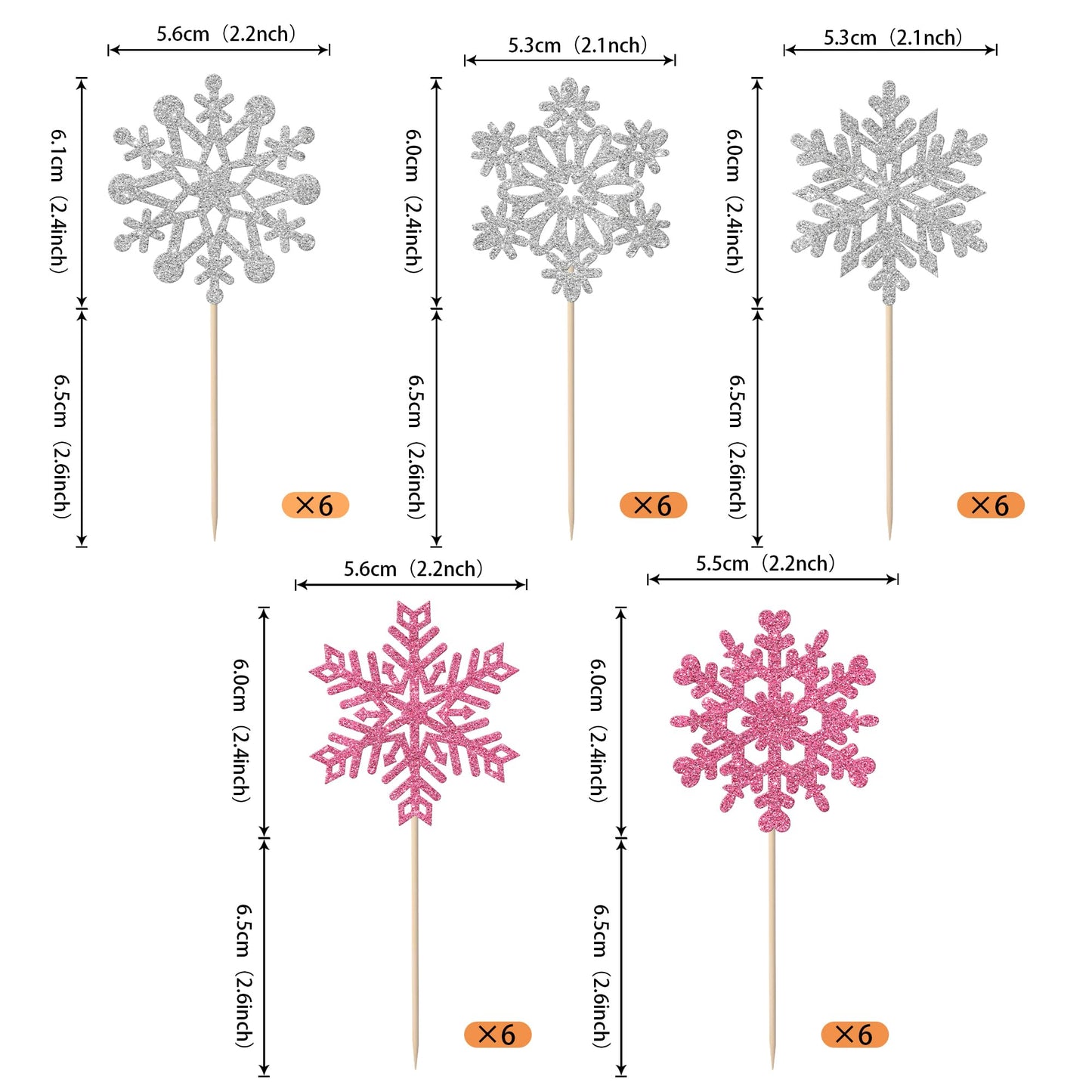 YCTHUNFISH 30 Pack Snowflake Cupcake Toppers, Glitter Paper Decorations, Winter Theme, Pink